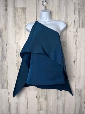 Narciso Rodriguez Teal Blue Draped One Shoulder Silk  Top 38